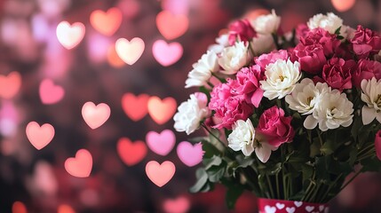 Poster - Pink and white flower bouquet isolated Valentine's Day background with heart shaped bokeh lights 
