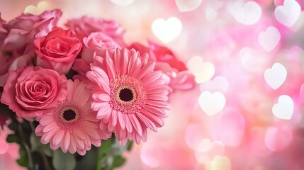 Poster - Pink and white flower bouquet isolated Valentine's Day background with heart shaped bokeh lights 