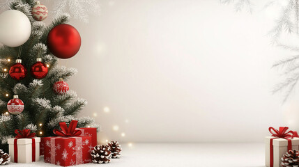 Wall Mural - christmas card background with gift boxes and pine tree