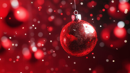 Wall Mural - red christmas baubles decoration on red blurred background with lights. new year greeting card.