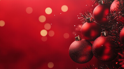 Wall Mural - red christmas baubles decoration on red blurred background with lights. new year greeting card.