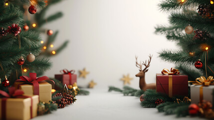 Wall Mural - a white background with a christmas tree and presents. the presents are wrapped in red and white rib