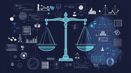 The digital scales of justice are surrounded iconic representing various components such as legal documents, symbols of legal cooperation, and details of the justice system.