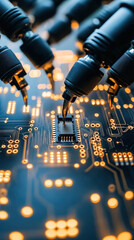 Poster - A close up of a circuit board with a robot's hand on it. The robot is poking at the board, possibly trying to fix it. Concept of curiosity and exploration, as well as the idea of technology