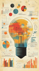 Poster - A colorful light bulb is surrounded by a bunch of graphs and pie charts. Concept of innovation and creativity, as the light bulb represents a new idea or concept, while the graphs