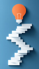 Poster - A light bulb is on top of a staircase. The light bulb is orange and the staircase is white. Concept of progress and growth, as the light bulb represents a new idea or concept
