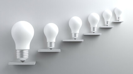 Poster - A row of white light bulbs on a shelf. The bulbs are arranged in a line, with the first bulb being the smallest and the last bulb being the largest. Concept of progression and growth