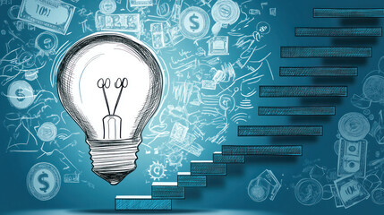 Poster - A drawing of a light bulb with a staircase behind it. The light bulb is surrounded by various drawings of money and other objects. Scene is one of creativity and innovation