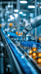 Poster - A robot is working on a conveyor belt with blue and orange objects. The robot is focused on its task, and the conveyor belt is moving at a steady pace. Concept of efficiency and precision
