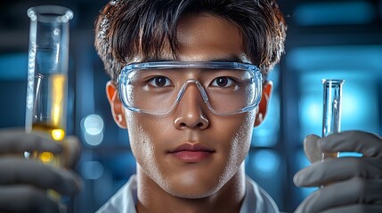 Poster - Portrait of an Asian man working as a chemical engineer in a clean professional laboratory environment  He is wearing a lab coat and safety goggles while holding a test tube or beaker