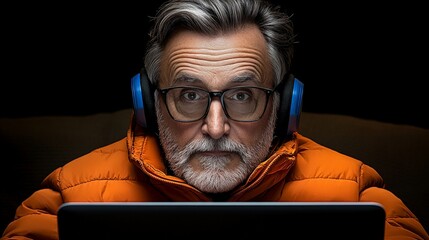 Intrigued by the Screen: A close-up portrait of a mature man, his face illuminated by the glow of a laptop screen, captures a moment of intense focus and curiosity. He wears headphones.