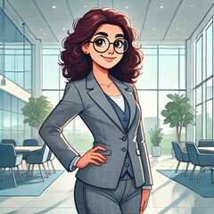 Wall Mural - Confident businesswoman with glasses and wavy hair, likely in her early 30s, standing in a modern office, North American origin. Illustration