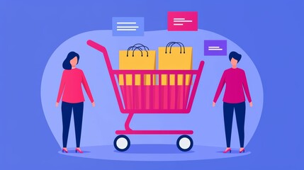 Wall Mural - illustration of customer journey concept with shopping cart and customers in modern flat design