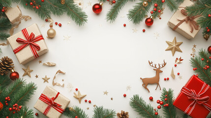 Wall Mural - a white background with a christmas tree and presents. the presents are wrapped in red and white rib