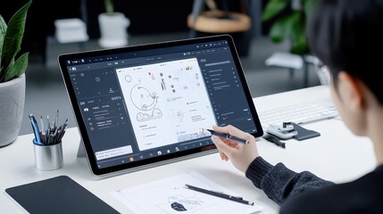Poster - innovative female mobile app designer sketching user interfaces on a tablet in a creative workspace 