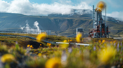 detailed perspective of monitoring station surrounded by vibrant flowers and mountains, showcasing beauty of nature alongside industrial development