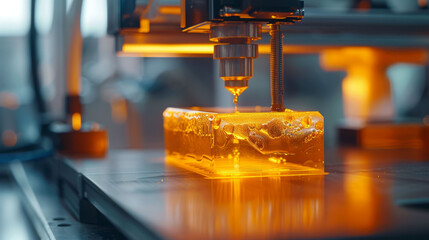 detailed perspective of resin 3D printer showcasing intricate process of printing. warm orange light highlights liquid resin and precision of machinery, creating captivating scene