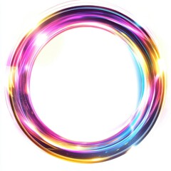 Glowing neon circle frame with vibrant colors creating a futuristic atmosphere isolated on white background in center