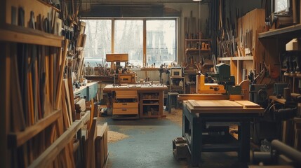 Poster - A bustling woodworking workshop with tools and timber, Woodcraft tools neatly displayed in a creative studio, Craftsmanship skill style