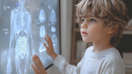 Poster - young student using futuristic holographic technology to interactively learn about the human body an