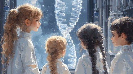 Poster - A group of curious children observing a holographic display of a DNA strand in a modern technologically advanced science classroom surrounded by colorful lab equipment and tools for and discovery