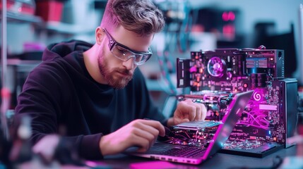 Poster - dedicated male computer repair technician skillfully fixing laptops in a small repair shop completel