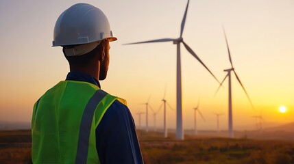 Engineers managing the assembly of wind turbines at a construction site, workers positioning blades, soft sunset glow, side view