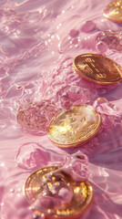 Golden coins floating in pink liquid create striking visual contrast, evoking sense of luxury and modernity. shimmering surface adds playful touch to scene