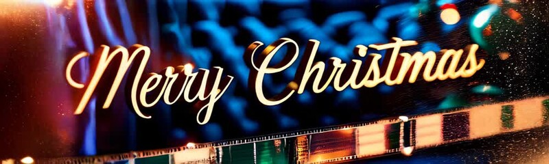 cinematic Merry Christmas greeting in golden script set against dark festive background, enhanced with an old film reel effect. Subtle film grain and warm lights add a nostalgic, vintage holiday fee