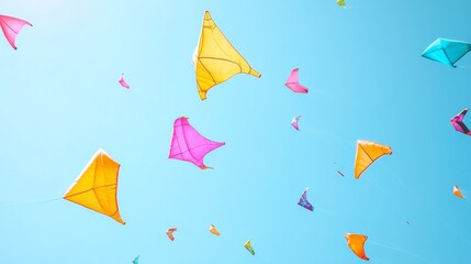 Poster - A colorful kite-flying festival on a breezy beach, Kites of all shapes and sizes soaring against a clear blue sky, Festive aerial art style