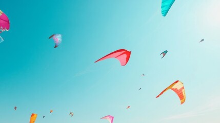 Poster - A colorful kite-flying festival on a breezy beach, Kites of all shapes and sizes soaring against a clear blue sky, Festive aerial art style