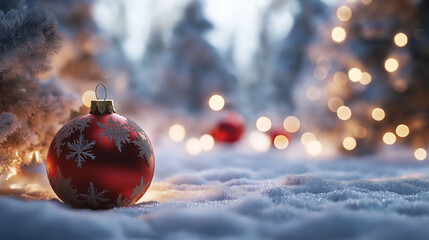 radiant red and gold holiday ball, snowy background