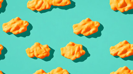 A flat lay of orange-colored, irregularly shaped objects arranged in a repeating pattern against a turquoise background.