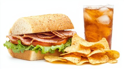 Delicious Sandwich with Lettuce, Tomato, and Salami Served with Crispy Potato Chips and a Refreshing Glass of Iced Tea