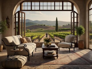 a photorealistic mockup of a cozy Provençal living room, with light, airy fabrics, a vintage chaise lounge, and decorative elements like wrought iron accents and floral patterns. Include a window view