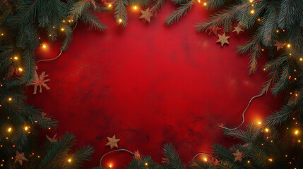Wall Mural - red christmas background with golden lights and green pine branches frame on canvas texture, ideal f
