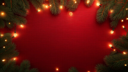 Wall Mural - red christmas background with golden lights and green pine branches frame on canvas texture, ideal f