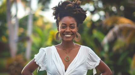 Sticker - A Black woman with curly hair smiles brightly at the camera.