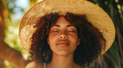 Sticker - A Black woman with curly hair and a straw hat smiles with her eyes closed.