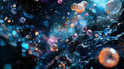Aufkleber - A cosmic symphony colorful bubbles dance among vibrant celestial elements in a stunning space scene full of wonder