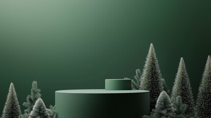 Minimalist green podium with geometric shapes and pine trees set against a green backdrop Holiday celebration concept