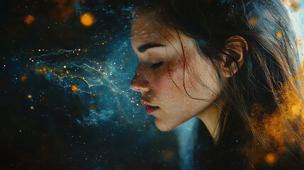 Poster - A contemplative woman lost in a dreamlike realm of cosmic wonders and mystical emotions reflecting inner thoughts and dreams