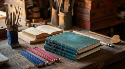 Poster - A cozy bookbinding workshop with bookbinding tools and colorful threads, Bookbinding tools and artisanal book covers neatly organized, Literary artisan style