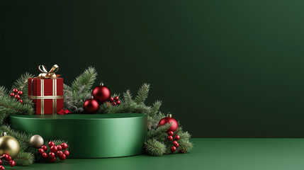 Wall Mural - festive green and red product placement podium with christmas decorations on dark green background