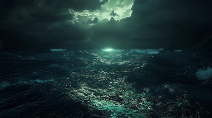 Poster - Eerie glowing light illuminates dark ocean waves beneath a stormy sky creating a hauntingly beautiful scene
