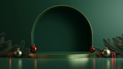 Wall Mural - festive green and red product placement podium with christmas decorations on dark green background