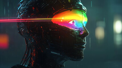 Poster - Futuristic robot profile with vibrant rainbow laser gaze a stunning blend of technology and artistry in visual design and ai aesthetics