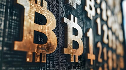 Poster - A futuristic, glowing display of cryptocurrency rising trends projected above a trading floor at a national blockchain event