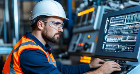 Poster - Focused industrial technician analyzing data on computer screen in modern manufacturing environment with safety gear