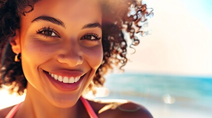 Sticker - A close-up of a Black woman smiling with a bright, sunny background.